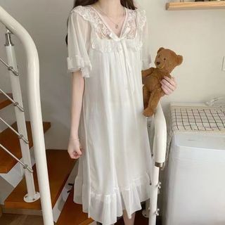Đầm ngủ công chúa tay ngắn, đồ ngủ công chúa lưới nơ mùa hè mới, đồ mặc nhà cho nữ