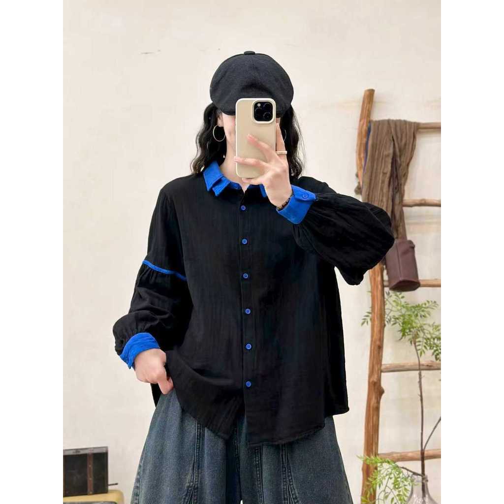 [Sẵn sàng] Áo sơ mi nữ 100% Cotton chất lượng cao Màu sắc phù hợp với áo sơ mi dài tay một ngực mùa xuân mới Skinny Top