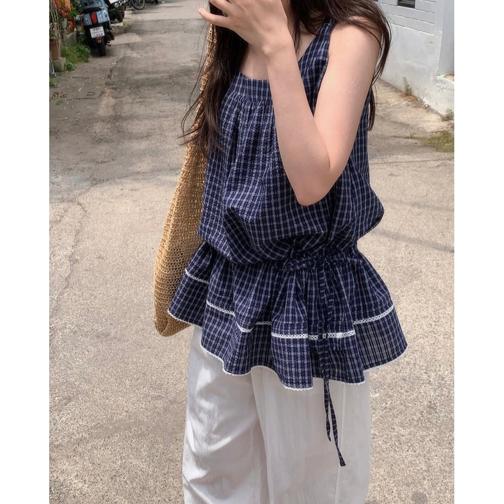 SUXI Áo sơ mi dây rút không tay kẻ sọc ngọt ngào phong cách mới mùa hè dành cho nữ Hàn Quốc 260317