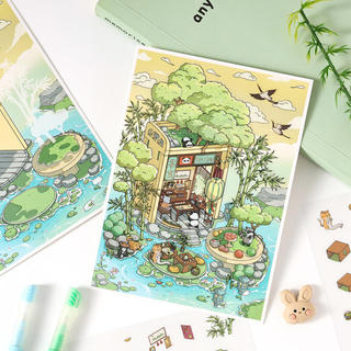 ENWEI 3 Cái [Giải Trí Bốn Chương Series] Nhãn Dán Phong Cảnh 3D Dừa Chống Thấm Nước Kỳ Nghỉ Kỳ Nghỉ Tre Zen Retreat Đề Can Chủ Đề Cho Sổ Lưu Niệm Nhật Ký