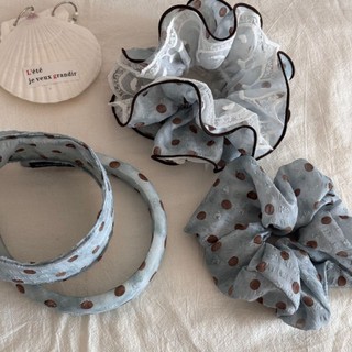Kovoi Scrunchy Tóc Cao Cấp Màu Xanh Cà Phê Chấm Bi - Voan Sợi Sang Trọng