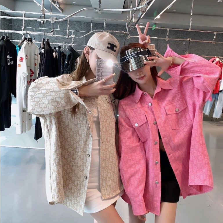 Thiết kế sáng tạo Công nghiệp nặng In đầy đủ Kim cương nóng Áo sơ mi Denim Áo khoác nữ dáng rộng thường ngày