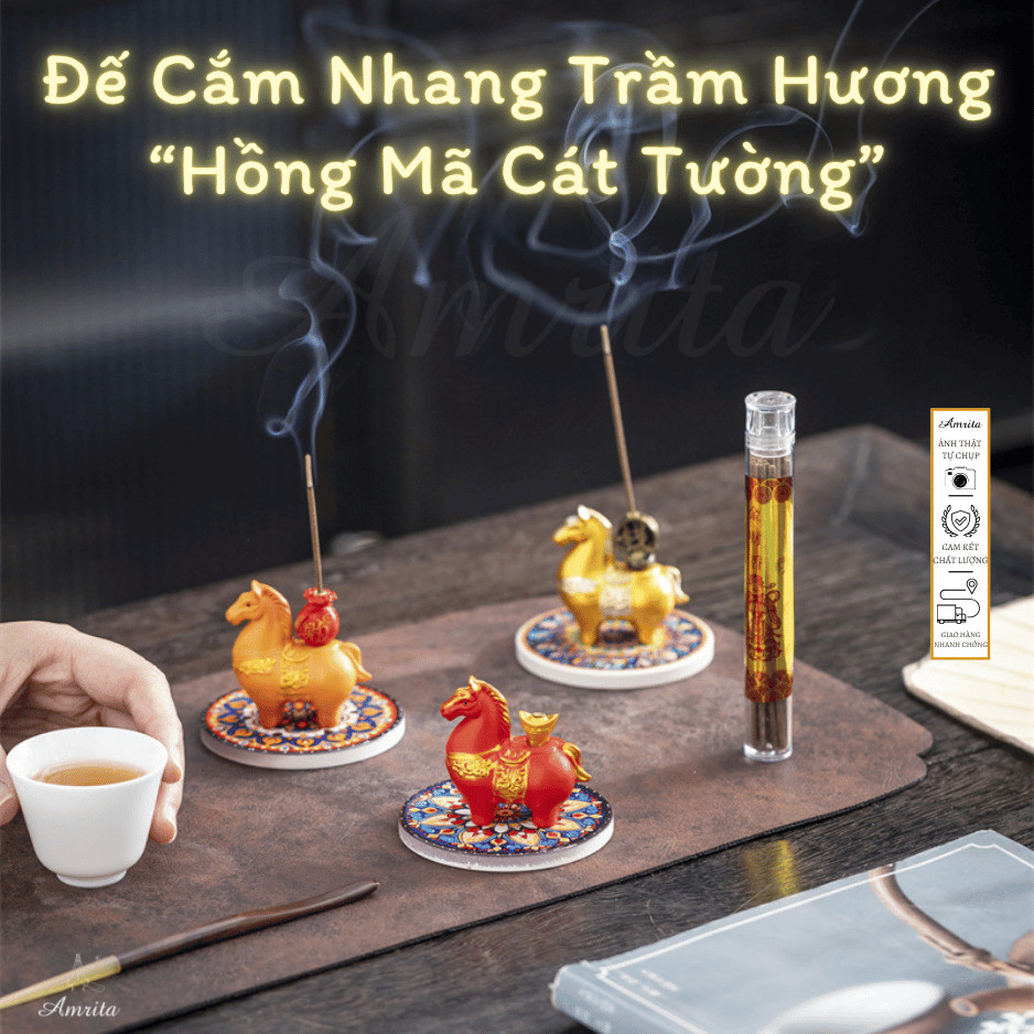 [Amrita] Đế Cắm Nhang Trầm Hương “Hồng Mã Cát Tường” kèm hộp đựng - CXNP434