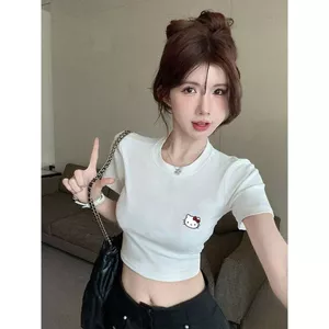 Áo Thun croptop hottrend chất tăm lạnh ,tôn dáng-in mèo nguuc kiti-thoitragthuba