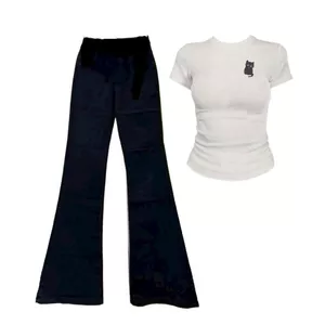 Sét Bộ quần ống loe dài co dãn + mix áo CROPTOP tăm in hình con CÚ-CHANG3158