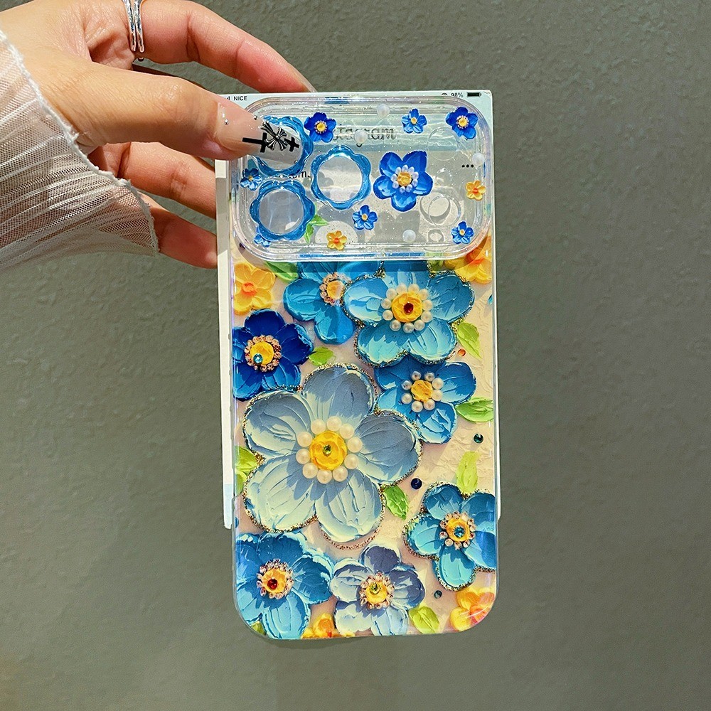 Tranh Sơn Dầu Hoa Xanh Ánh Sáng Bên Kim Cương Ốp Lưng Điện Thoại iPhone 17 Pro Max 16 15 14 13 Vỏ Bảo Vệ Chống Sốc