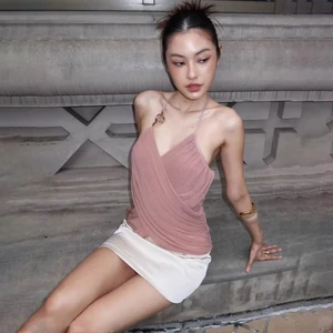 Camisole nữ cổ chữ V quấn ngực khóa kim loại, thiết kế chắp vá lưng, phù hợp đi biển và clubwear