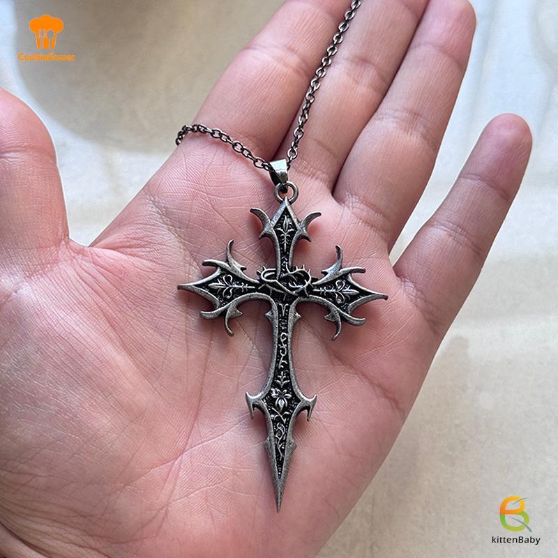 Mặt dây chuyền chữ thập cổ điển phong cách vintage gothic bạc, quà tặng Giáng sinh dành cho nữ mới