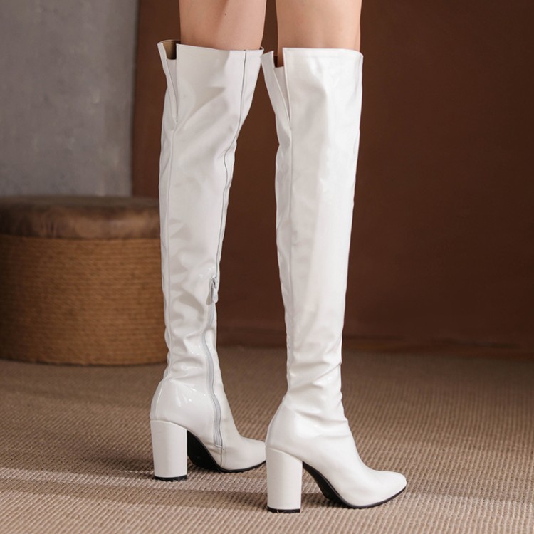 VNASCP34-43 Kích Thước Lớn Bằng Sáng Chế Da Cao Cấp Over-the-Knee Dày Gót Nhọn Bên Dây Kéo Tay Giày Bốt Thời Trang Cực Khiêu Vũ Đêm Câu Lạc Bộ Giả Hiệu Suất