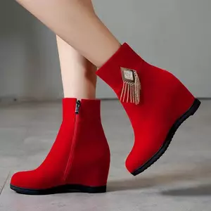 VNTMLH34-43 Kích Thước Lớn Da Lộn Mờ Thời Trang Phong Cách Đơn Giản Kim Cương Giả Tua Rua Mũi Tròn Cao Gót Đến Mắt Cá Chân Giày Bốt Bên Dây Kéo Nêm Gót Lớn Đỏ Cô Dâu Giày Cưới