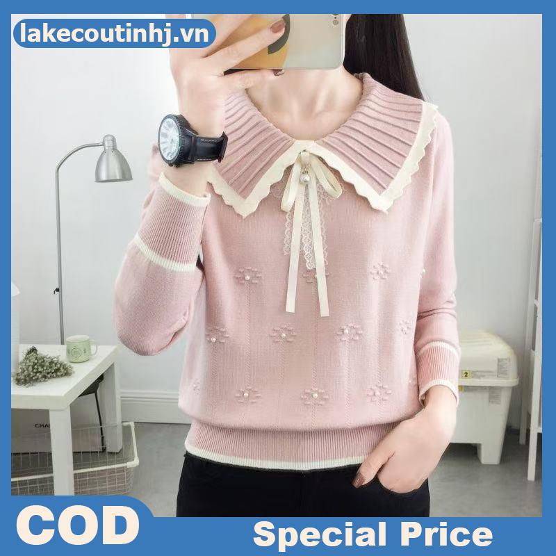 Áo len Hàn Quốc cổ búp bê dài tay, nơ ngọt ngào và hạt đính cườm dành cho nữ