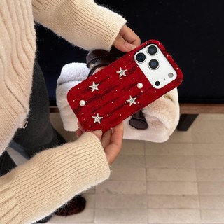 Hàn Quốc 3D Kim Cương Ngôi Sao Nhỏ Ngọc Trai Sóng Điểm Nhung Vải Ốp Lưng Điện Thoại iPhone 17Promax 17Pro 14 15 16 Pro Max 13 Vỏ Di Động Nữ Chống Sốc