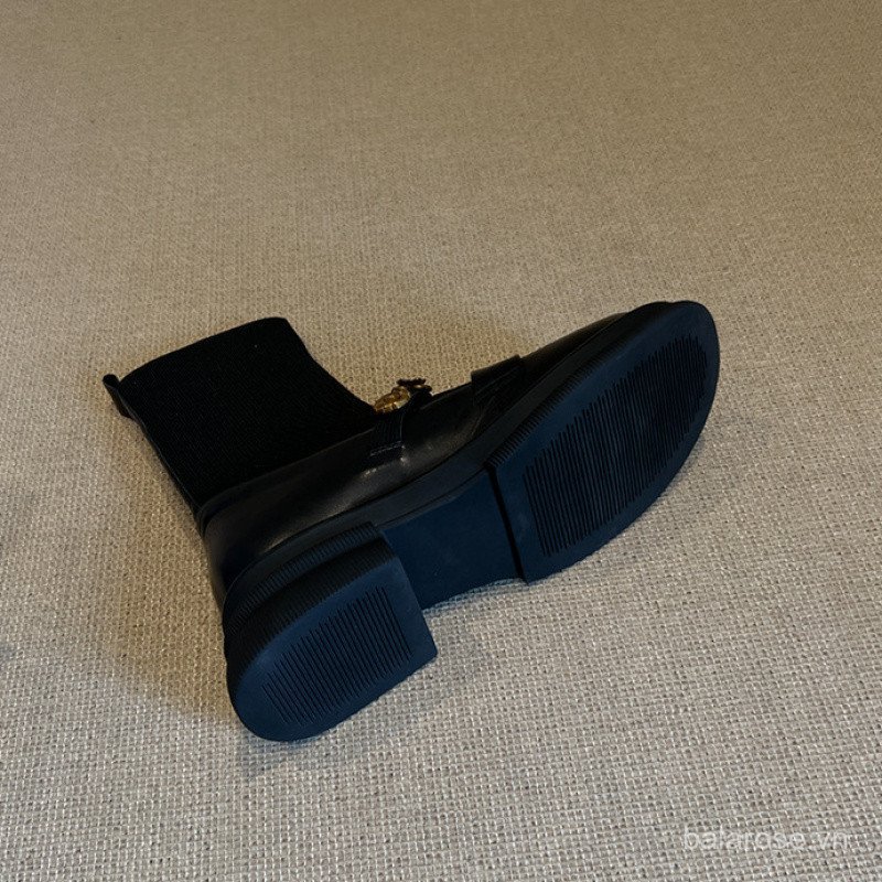 Dày Khóa Kim Loại Co Giãn Giày Bốt Ngắn Retro Phong Cách Đại Học Dệt Kim Mỏng Giày Nữ Đa Năng Loafers Tất Giày Bốt