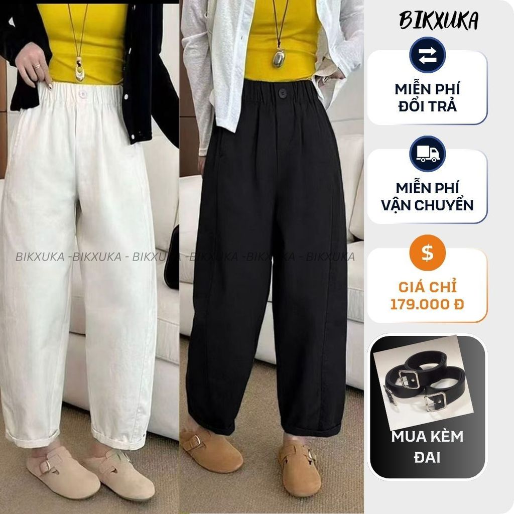 BIKXUKA - Quần baggy nữ cạp cao vải kaki nhật loại 1 co giãn nhẹ, quần baggy ống rộng form thụng dáng nấm 2 túi sườn Q17
