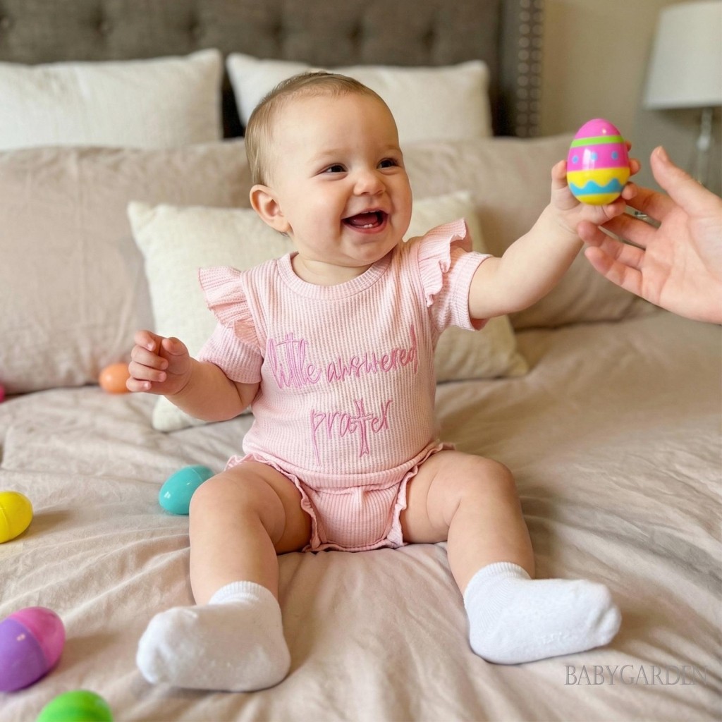 Bé Gái Phục Sinh Áo Liền Quần Chữ Thêu Xù Viền Tay Ngắn Cổ Tròn Sơ Sinh Jumpsuit