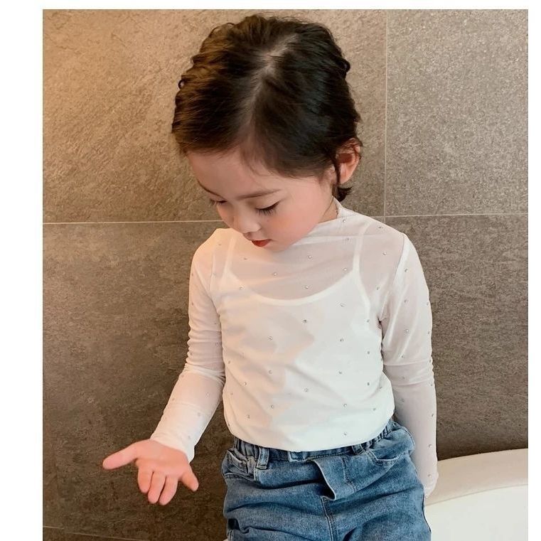 Áo thun gạc bé gái dài tay sequin rỗng 80-160 Size MR2F