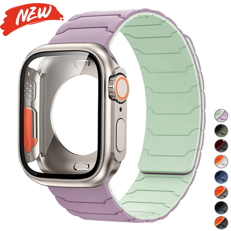 Dây đeo từ tính bằng silicon + Thay đổi sang Ultra Cover Case tương thích cho Apple Watch Series11 / 10 46mm 42mm 9 8 7 6 SE 5 4 45mm 44mm 41mm 40mm