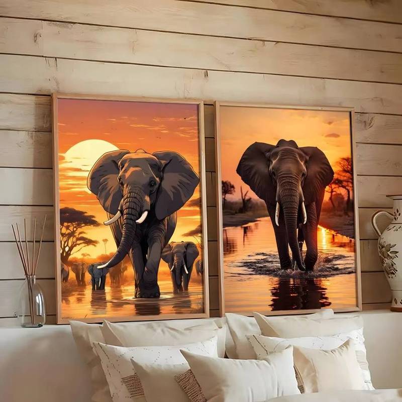 Vintage Voi Hoàng Hôn Tranh Vải Retro Hoang Dã Động Vật Boho Trang Trí Nghệ Thuật Nhà Trang Trí Tường Canvas Poster