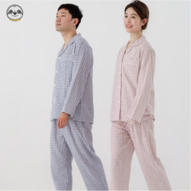 Phong cách Nhật Bản Muji Style / Cặp đôi nhỏ kẻ sọc Cotton nguyên chất dài tay / Bộ đồ ngủ bằng sợi hai lớp có ve áo / Bộ đồ ngủ đi chơi mềm mại thoải mái / Trang phục cặp đôi