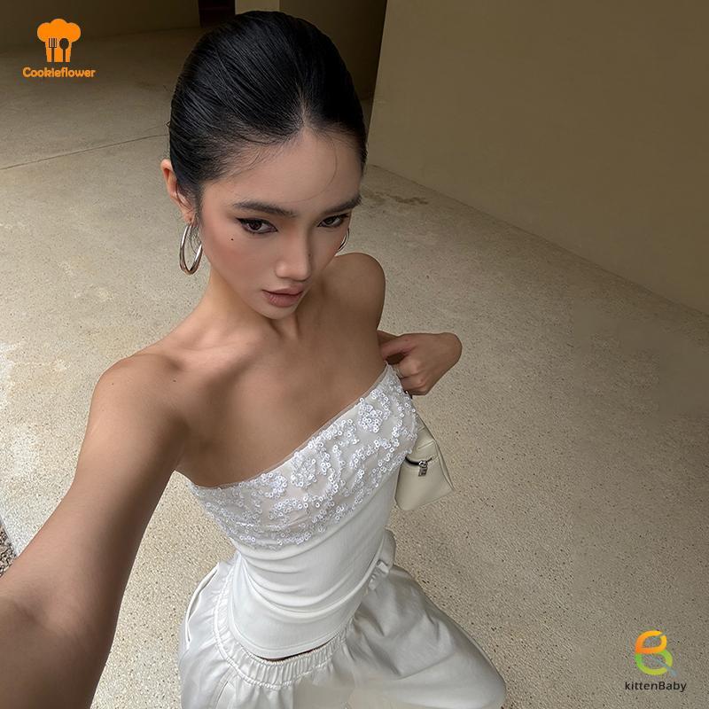 Áo quây ren sequin trắng không tay, áo vest nữ mới, gợi cảm dành cho mùa hè