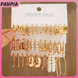 Bông tai hình học vintage màu vàng, ngọc trai và hợp kim, phù hợp dự tiệc và thời trang đơn giản