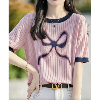 Áo dệt kim ngắn tay nữ mùa hè mỏng lụa băng đơn giản ~