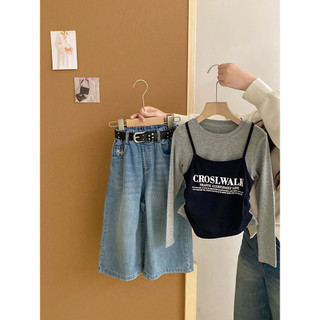 Bé Gái Slim-fit Sling Đáy Áo Sơ Mi Giả Hai Mảnh Dài Tay Áo Thun Trẻ Em Phù Hợp Với Quần Jean Ống Rộng Phù Hợp Với