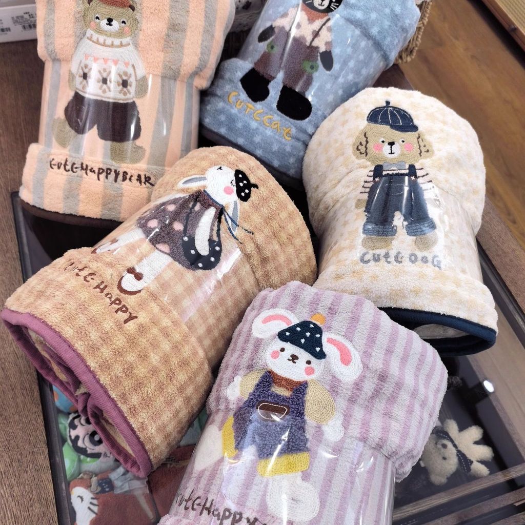 Khăn tắm lông cừu san hô mềm, thấm hút, không xơ, thêu công viên động vật, dày, cotton nguyên chất