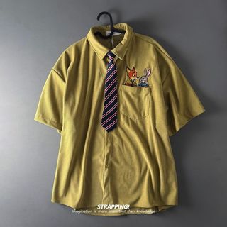 Crazy Zoo Judy Nick - Áo sơ mi tay ngắn chất liệu corduroy có họa tiết hoạt hình, thêu và kèm thắt lưng rời