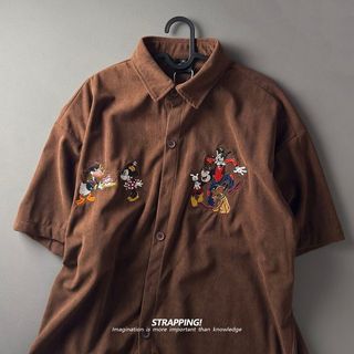 Áo sơ mi tay ngắn thiết kế hoạt hình Mickey & Donald vịt thêu dây, phong cách retro từ Nhật Bản