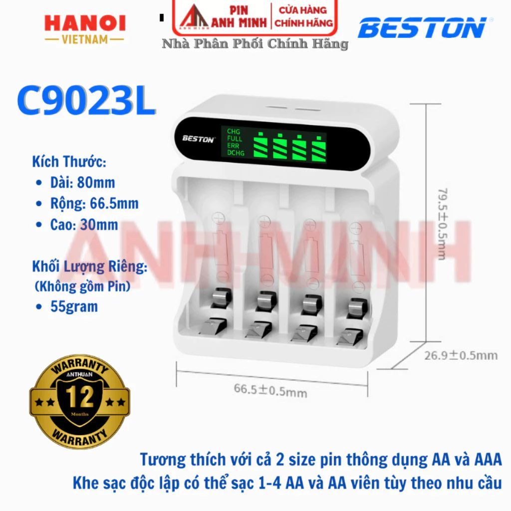 Máy Sạc BESTON C9023L và pin sạc AA (2A) AAA (3A) C9023 - Bộ Sạc thông minh tự ngắt có màn hình LCD