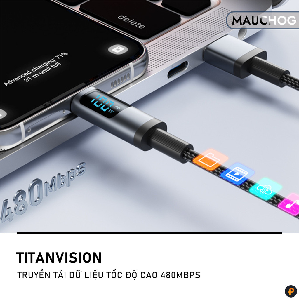 Cáp Sạc Nhanh 100W Type C E-Marker Có Đèn Led Báo Công Suất Cho Điện Thoại iPhone iPad Macbook