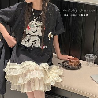 Váy liền cho bé gái kiểu áo thun - váy in hình phối chân váy lưới xếp tầng dễ thương mùa hè