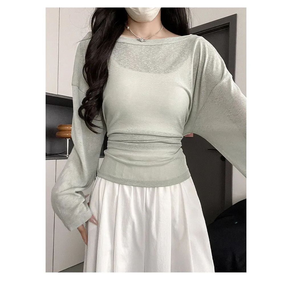 áo lưới dài tay Áo phông thoáng mát mùa hè, dây thắt eo, dáng slim-fit