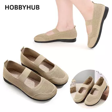 Giày đế bệt nữ HOBBYHUB, Giày đơn mũi vuông lưới rỗng, Đế mềm mùa hè trượt trên giày lười có thể gập lại Giày thường ngày cho mẹ thoáng khí cho nữ