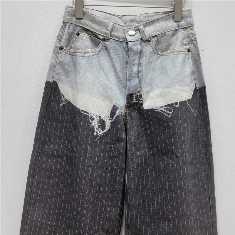 Màu xám - Blocking túi in sọc giả jeans nữ ống rộng thoải mái cho ngày thường