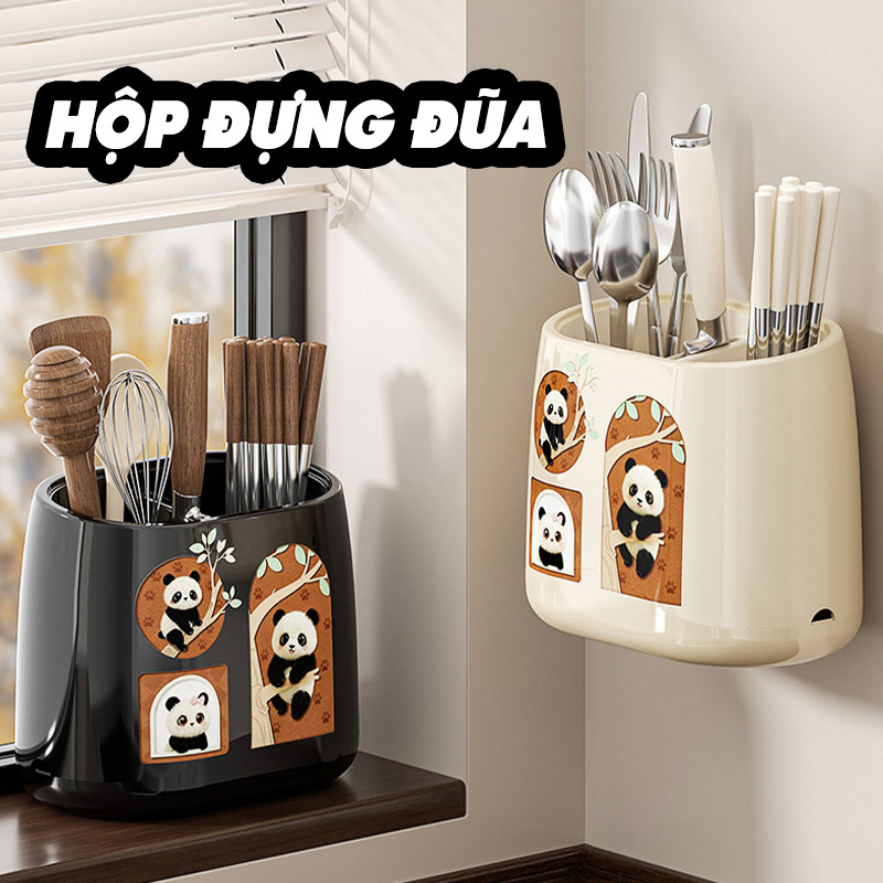 Hộp Đựng Đũa Gấu Trúc Treo Tường Không Cần Khoan, Giá Đựng Dao Kéo Nhà Bếp, Kệ Để Đũa Thoát Nước Gọn Gàng DINO