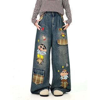 Mới! Quần Jean Ống Rộng Nữ Thêu Hình Crayon Shin-chan và Kẻ Sọc