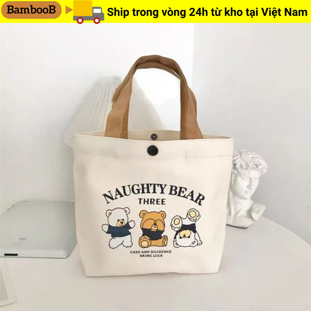Túi xách Mini BAMBOOB, Túi Tote vải canvas hoạt hình, Túi lưu trữ đào dung tích lớn thời trang dã ngoại