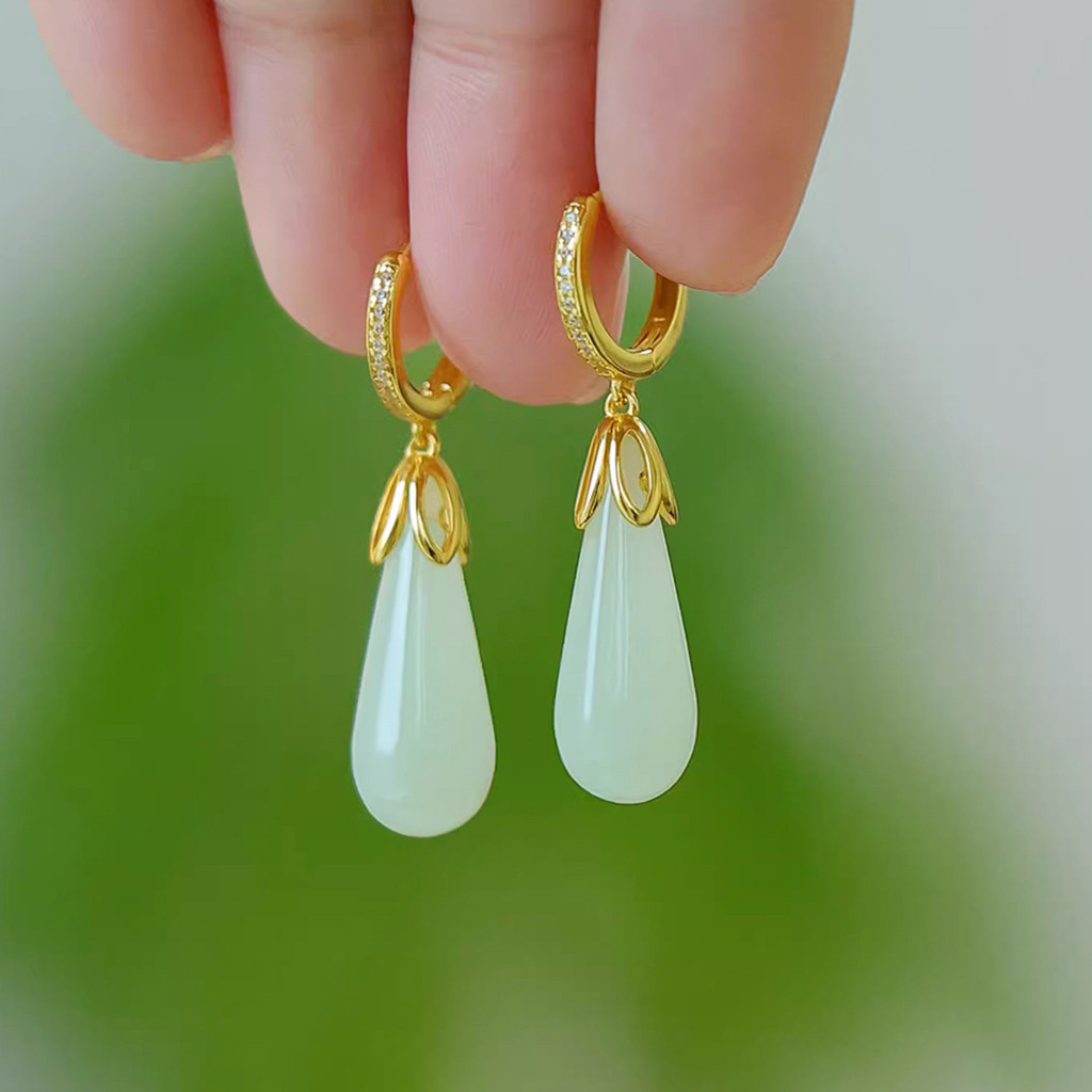 Bông tai ngọc bích Hetian phong cách Trung Quốc mới dành cho nữ
