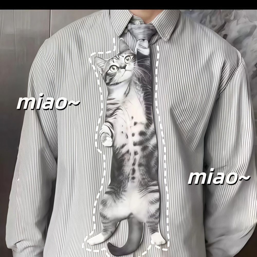 Cà vạt nam hình mèo AMBU, Cà vạt mèo con sống động như thật, Vải Satin họa tiết động vật thời trang Cà vạt cổ sáng tạo mới lạ cho đám cưới và bữa tiệc