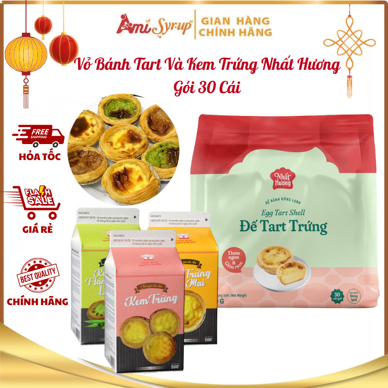 (Hỏa Tốc) COMBO Vỏ Bánh Tart Gói 30 Cái Và Kem Trứng Nhất Hương 500g Thơm Ngon Tiện Lợi Có Đế Nhôm