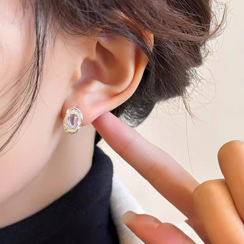 Bông tai mặt trăng đính đá, bạc S925 dành cho nữ