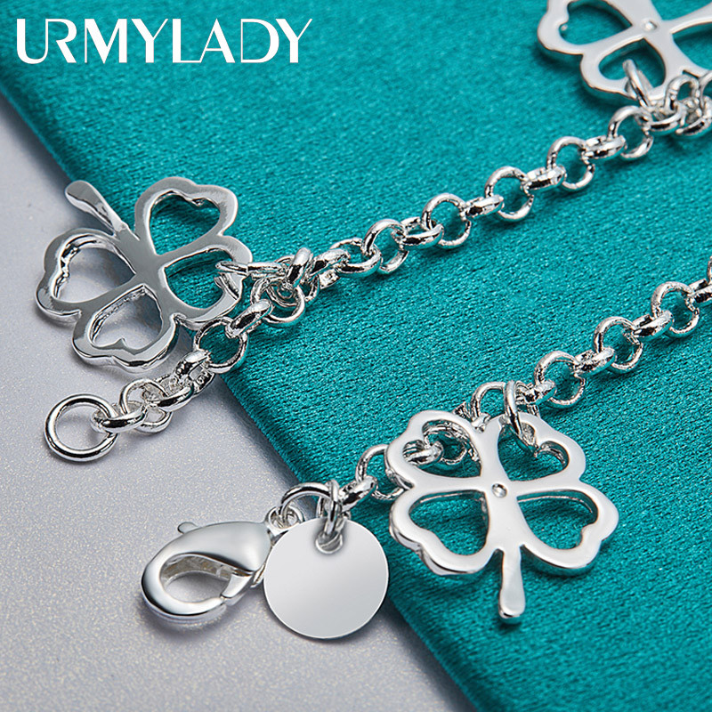 URMYLADY - Mặt dây chuyền và vòng tay bạc 925 bốn lá cỏ ba lá, thời trang thanh lịch cho nữ