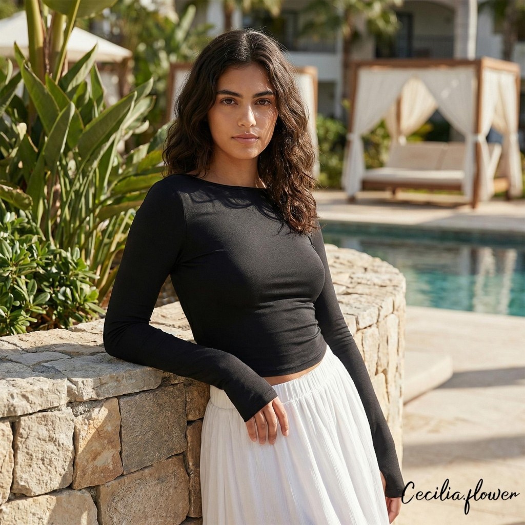 Áo Crop top ren dành cho nữ Áo thun dài tay cổ thuyền
