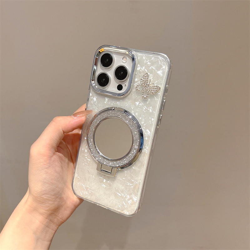 Ốp lưng iPhone nơ 3D có giá đỡ gương tròn phù hợp cho iPhone 17 Pro Max, iPhone 17 16 15 14 13 12 11