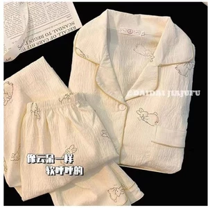 Mây Cotton Bộ Đồ Ngủ Nữ Dài Tay Quần Mùa Thu Cardigan Ngọt Ngào Có Thể Mặc Bên Ngoài Hoạt Hình Sinh Viên Plus Kích Thước Homewear Phù Hợp Với