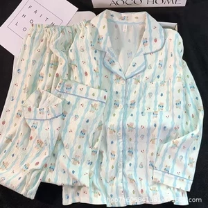 Bộ Đồ Ngủ Dài Tay Gấu Xanh Nữ Xuân Thu Mây Quần Ngắn Tay Hoạt Hình Hai Mảnh Phù Hợp Với Loungewear