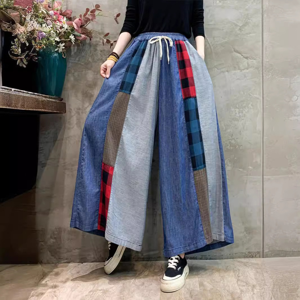 Quần Denim Nữ Cao Cấp Retro với Màu Sắc Thời Thượng, Miếng Dán Nối Eo Cao và Thắt Lưng Co Giãn, Thiết Kế Ống Rộng Thẳng