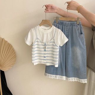 Bộ đồ bé gái áo thun sọc + quần jean ống rộng – Set đồ mùa hè phong cách Hàn Quốc cho bé